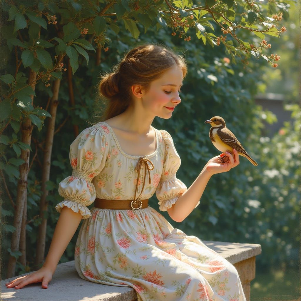 European Girl Smiles at Bird in Garden