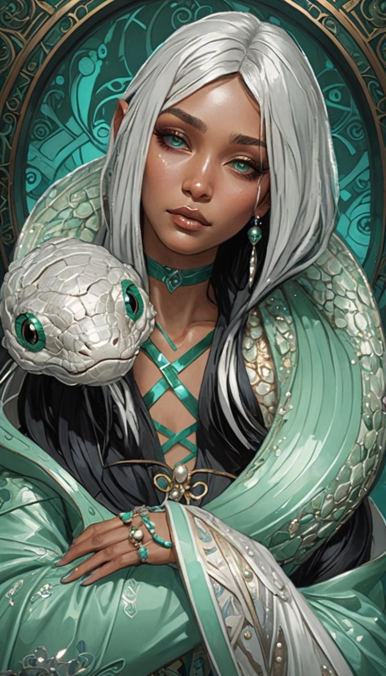 Detailed Portrait with Snake in Art Nouveau Style