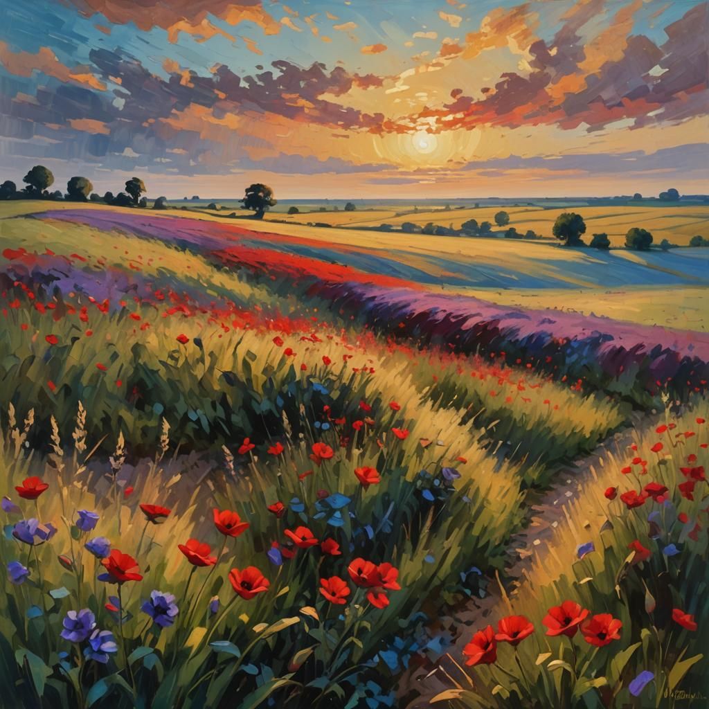 Impressionist Landscape with Red Flowers and Distant Tornado