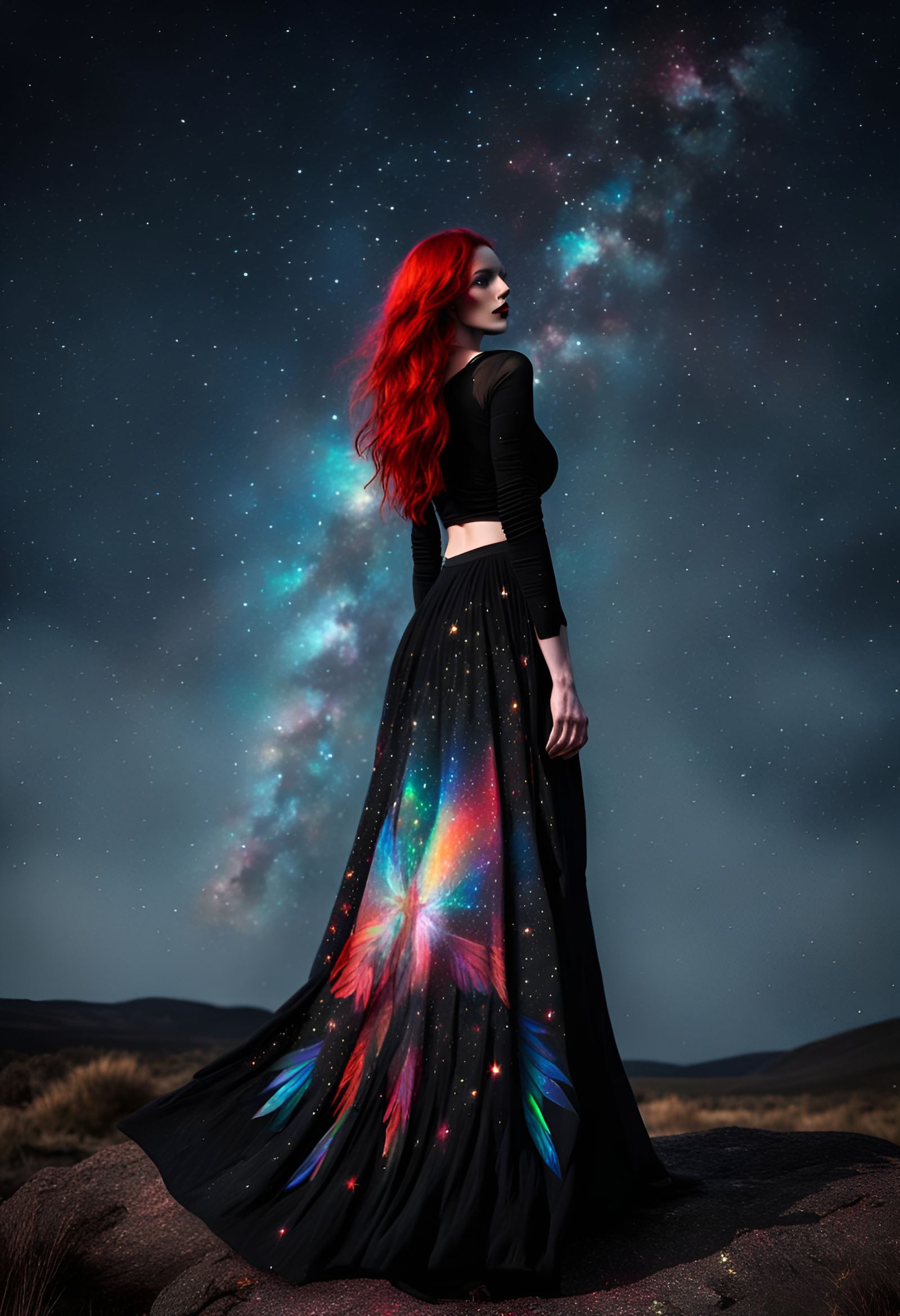 Cosmic fairy, long skirt, red hair, perfect wings, Prismatic...