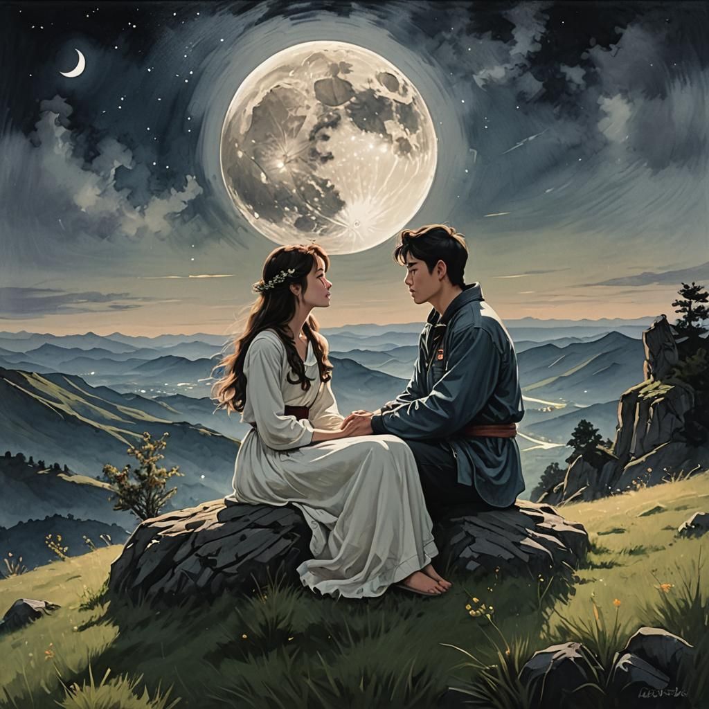 Lovers Gazing at Moon on Grassy Ridge