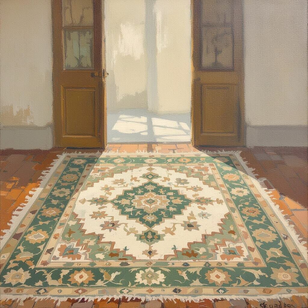 Persian Rug Under British Light Oil Painting