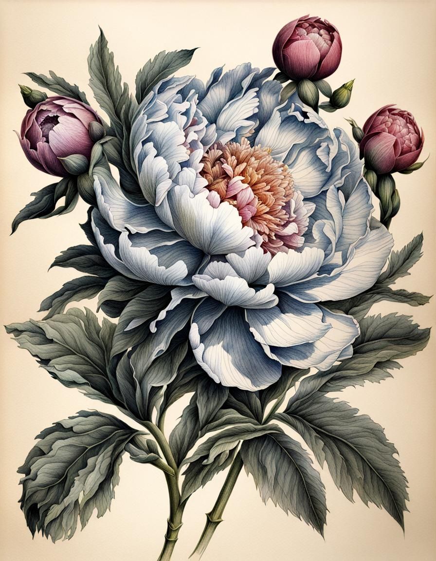 Botanical Ink Peony Flowers: Detailed Sketch
