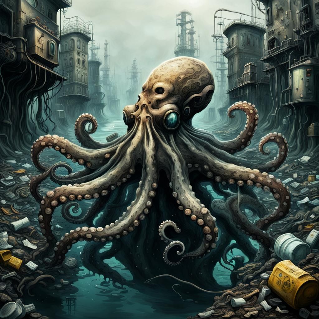 Biomechanical Octopus in Polluted Dystopian Sci-Fi World
