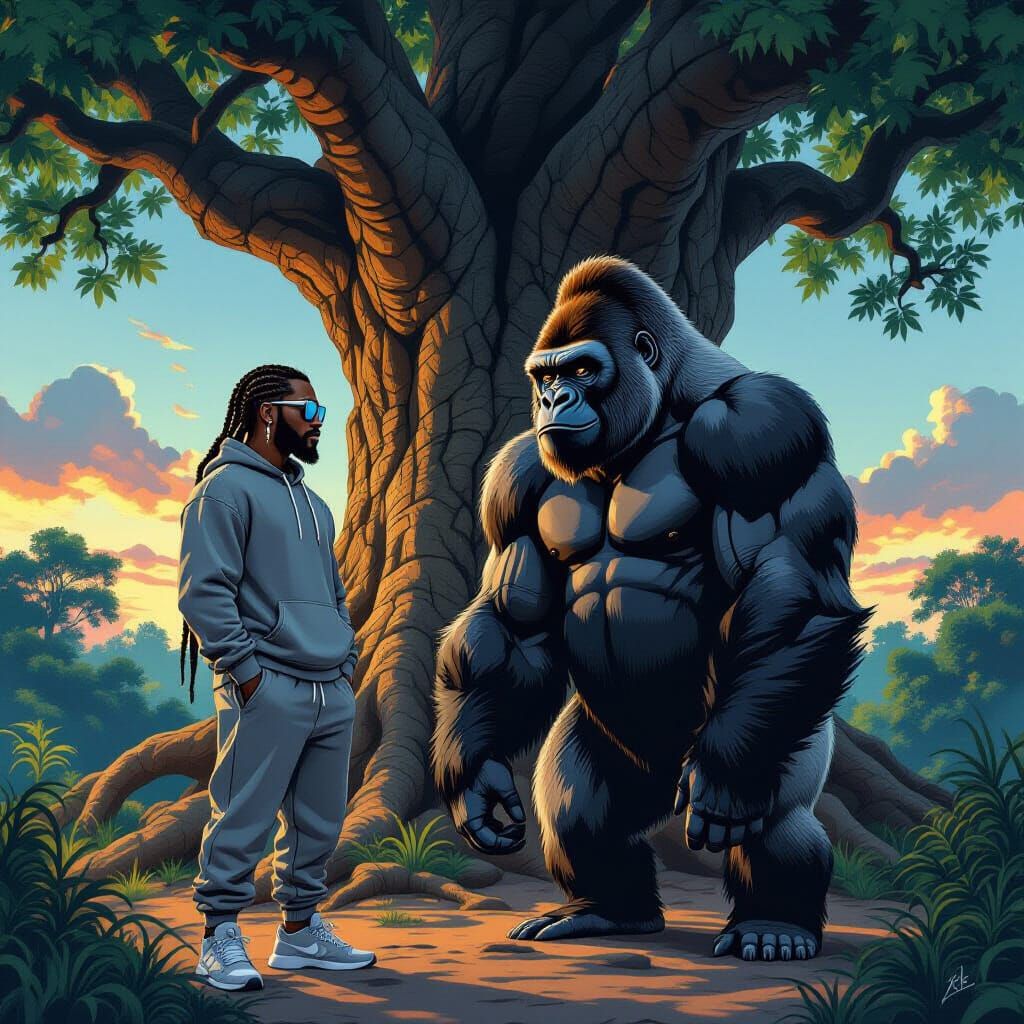Man and Gorilla Beside Ancient Tree at Twilight
