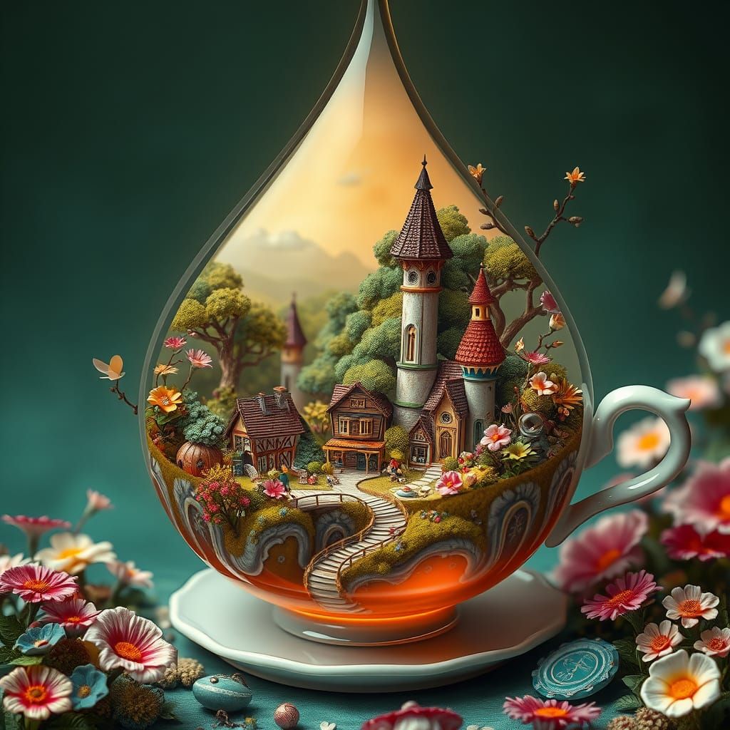Whimsical Village in Tea Drop: Surreal Dreamscape