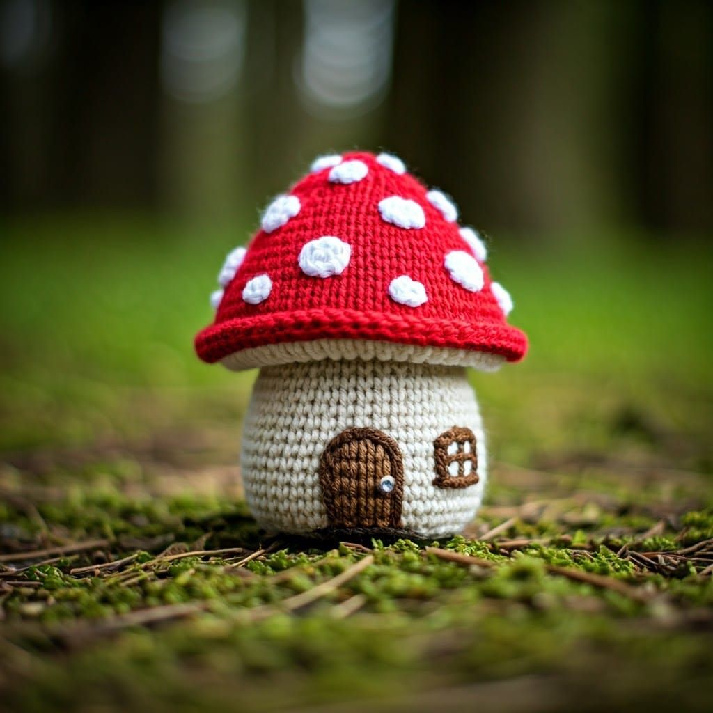 Whimsical Knitted Mushroom House in Meadow