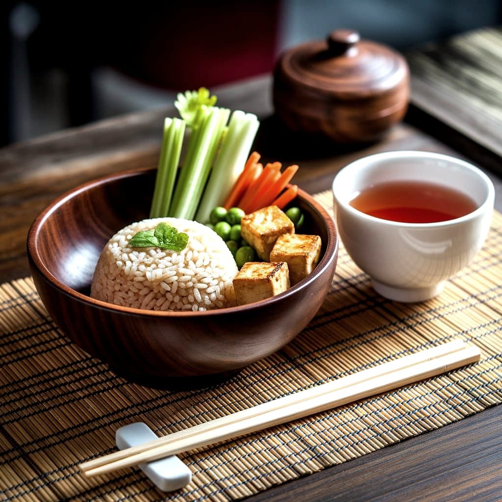Elegant Bowl of Healthy Food with Chinese Tea