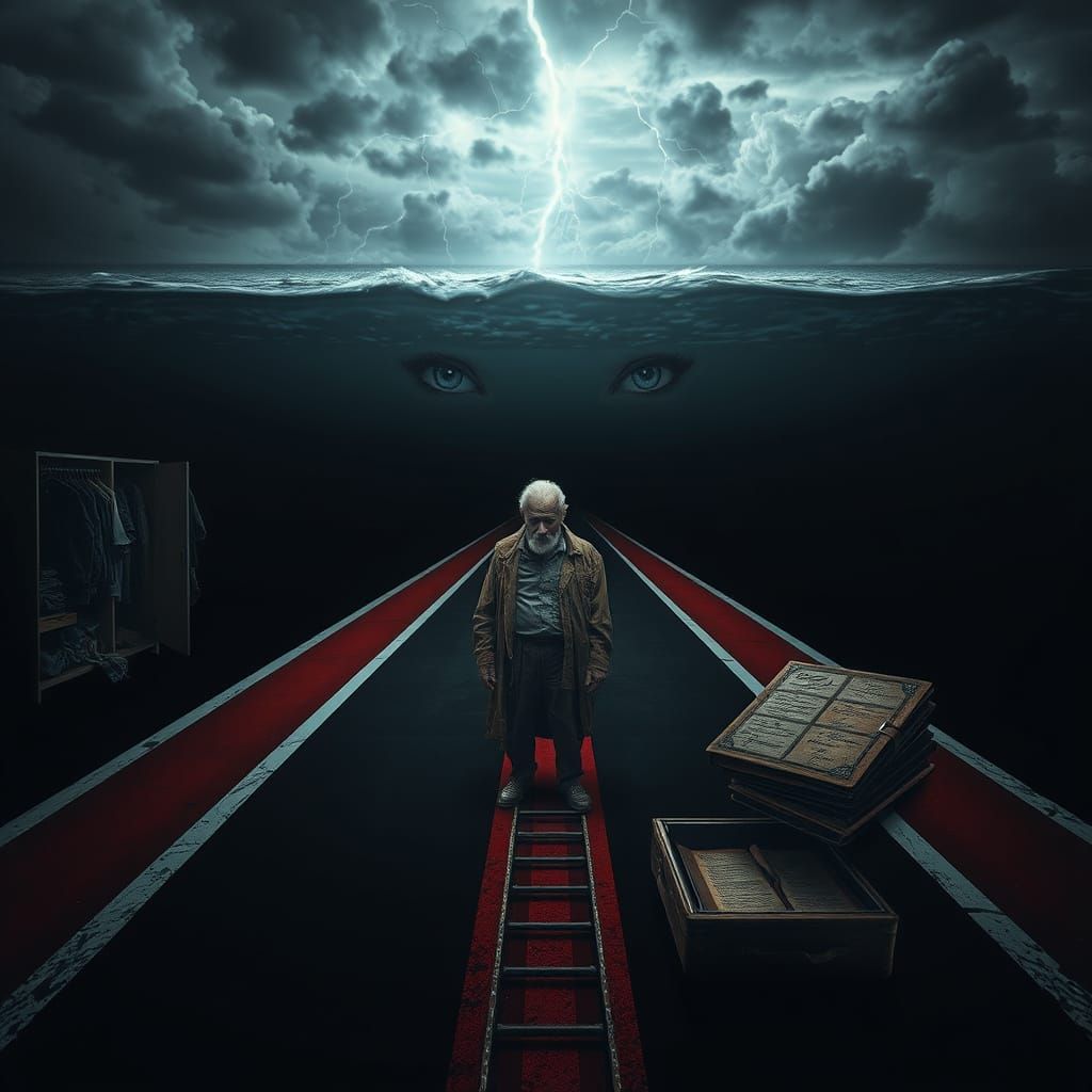 Eerie Underwater Runway in Dark, Haunting Futurism