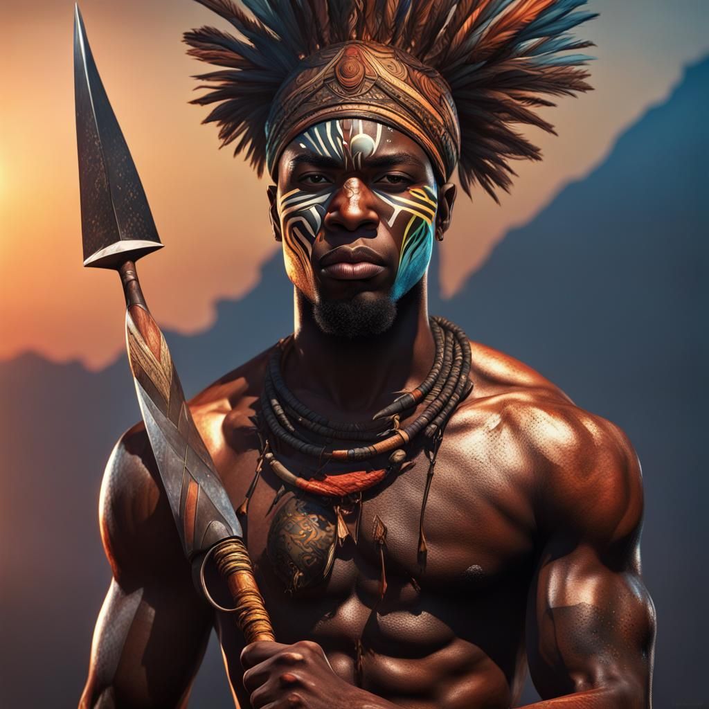 Hyperrealistic African Warrior with Spear at Sunrise