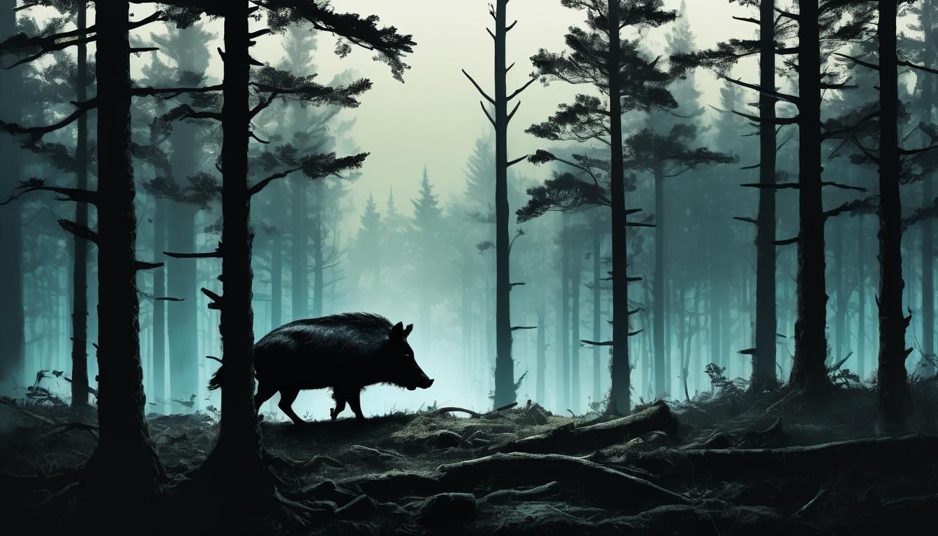 Dark Wild Boar Silhouette in a Hyper-Realistic Forest Landsc...