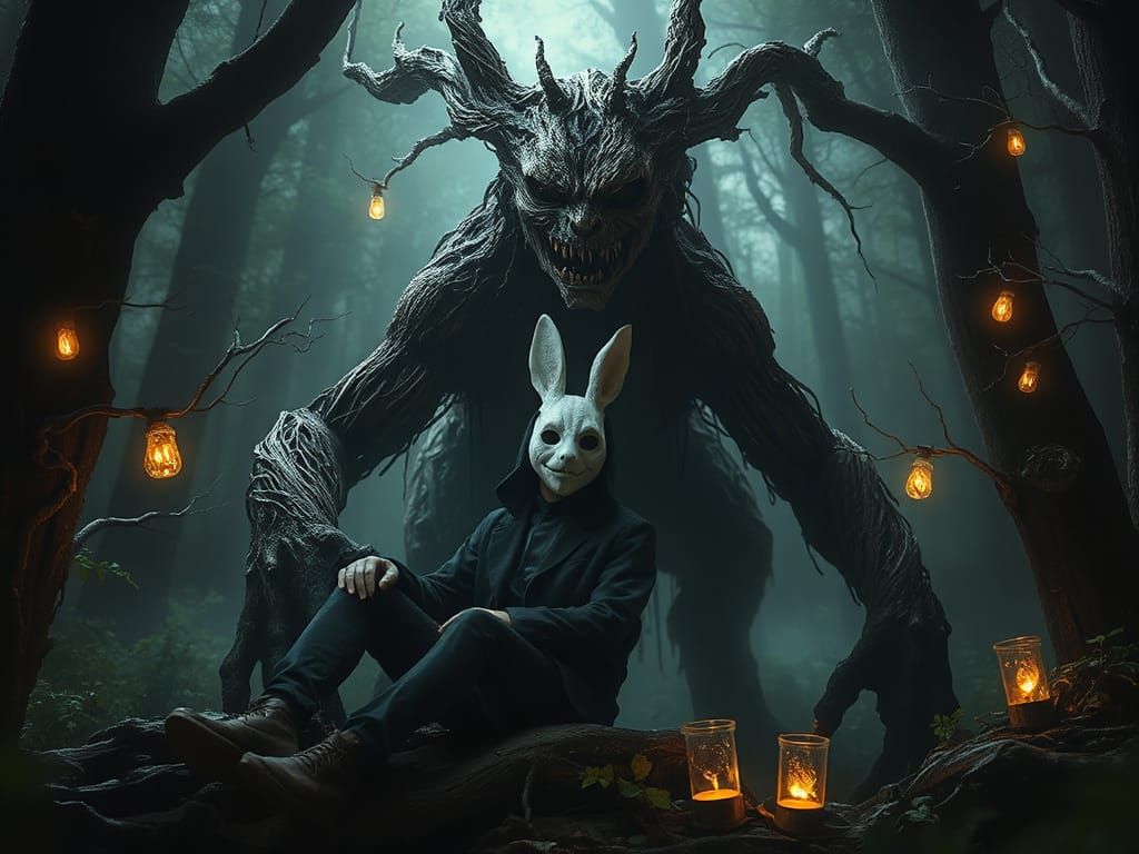 Dark Fantasy Rabbit Mask in Body Horror Style