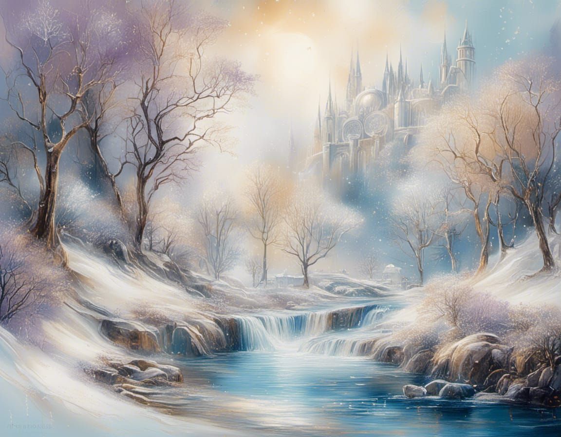 Winter Waterfall in Impressionist Style