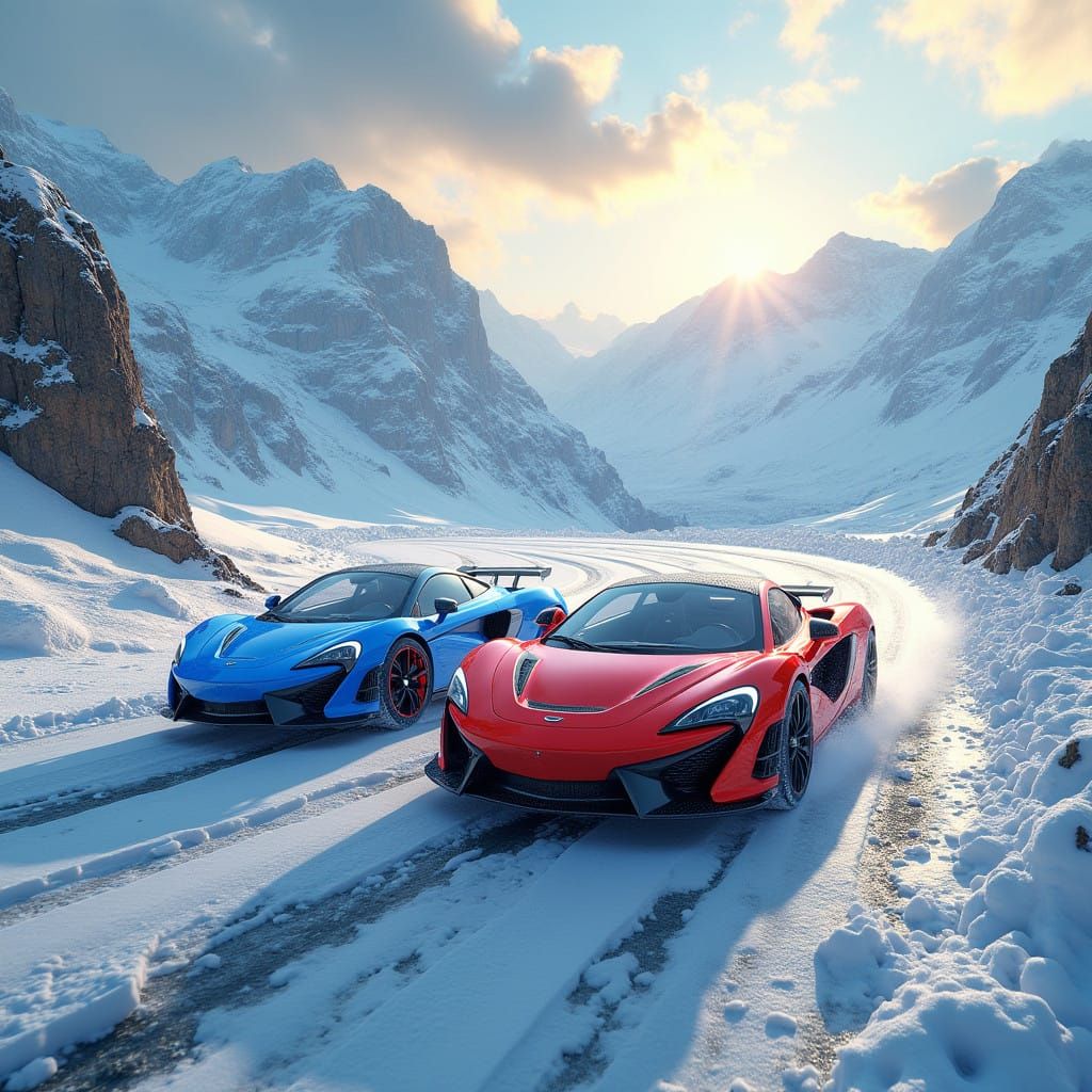 Sleek Sports Cars Tear Through the Snowy Alps in High-Speed....