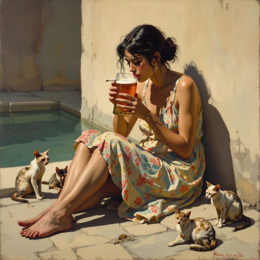 Melancholy Woman by Pool in Hammershoi Style