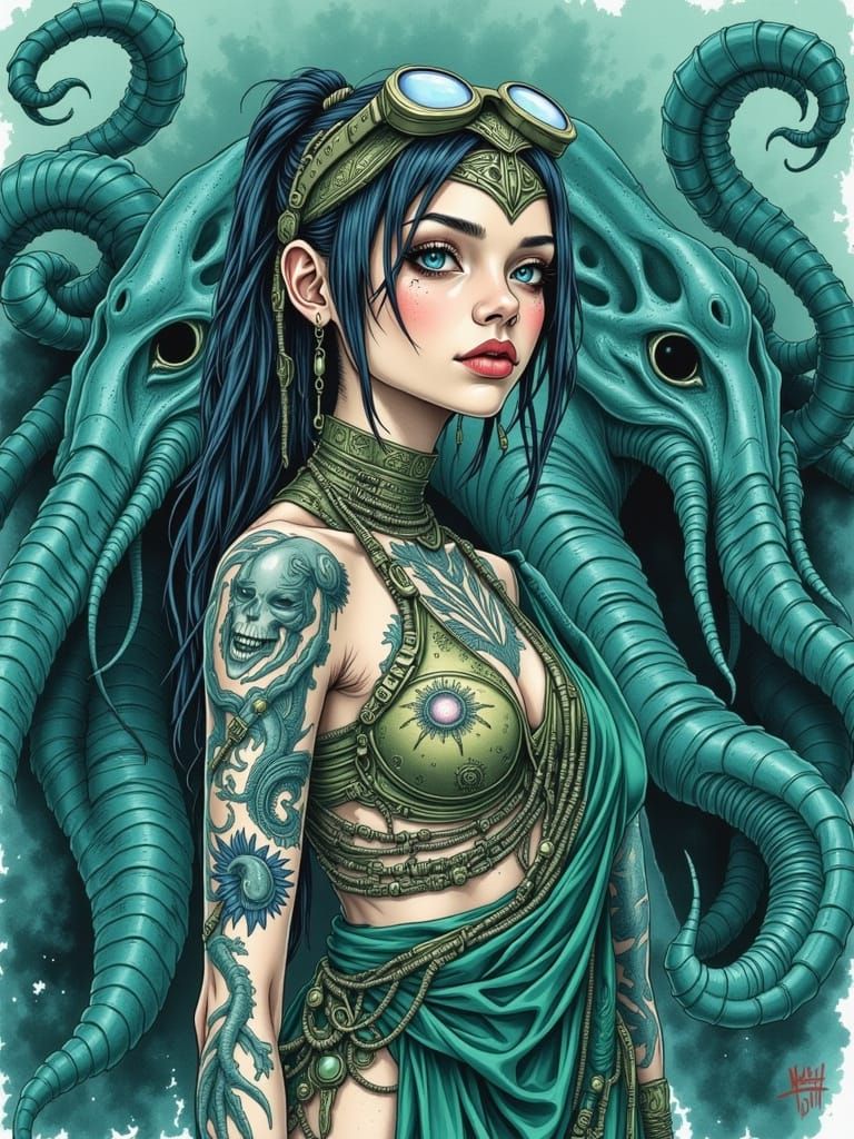 Kelp Sari Woman Faces Kraken in Watercolor
