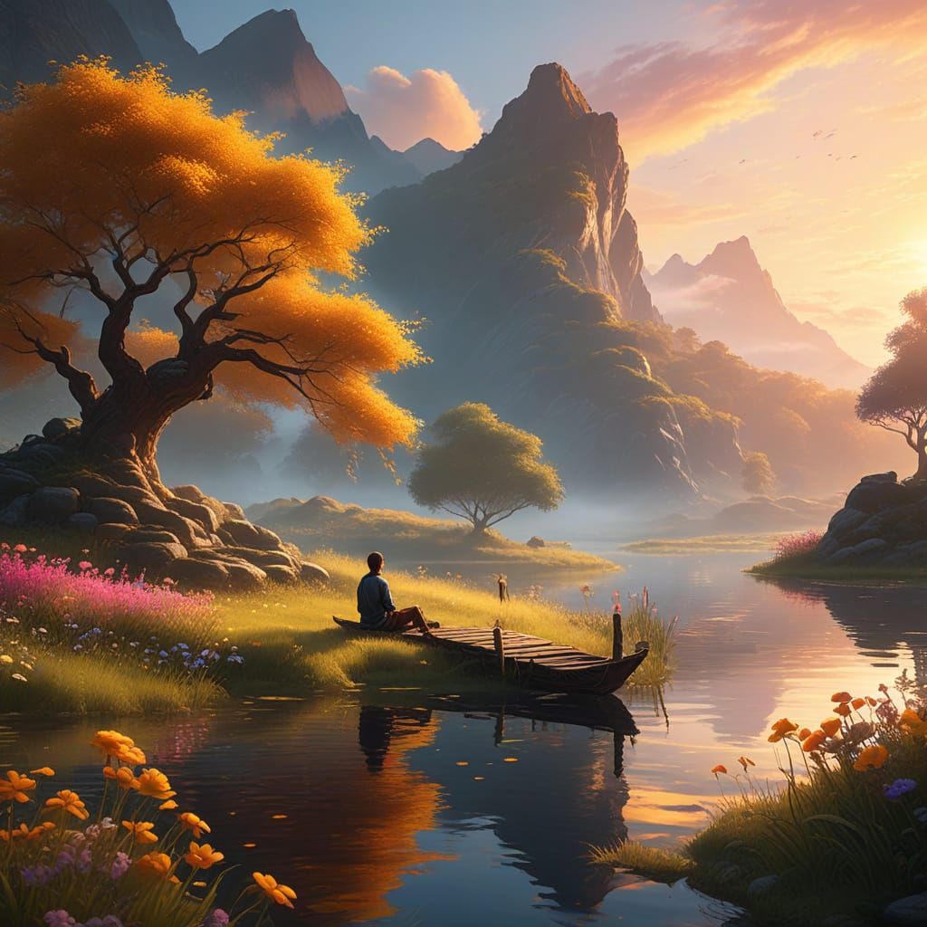 Serene Figure Relaxing in a Fantasy Landscape