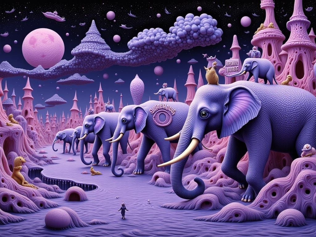 Surreal Elephant Caravan Marches Through Dreamlike Landscape