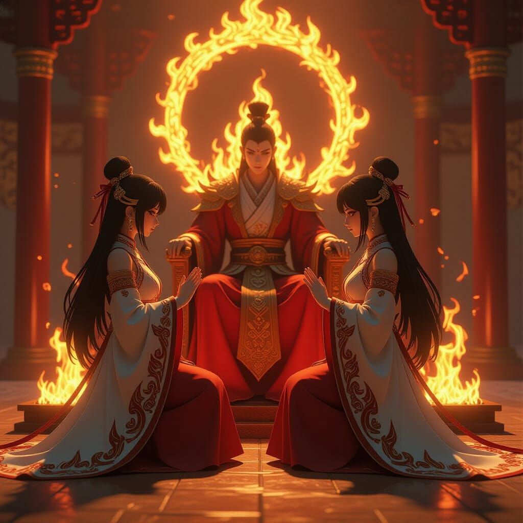 Fire Goddesses Kneeling to Fire God Throne