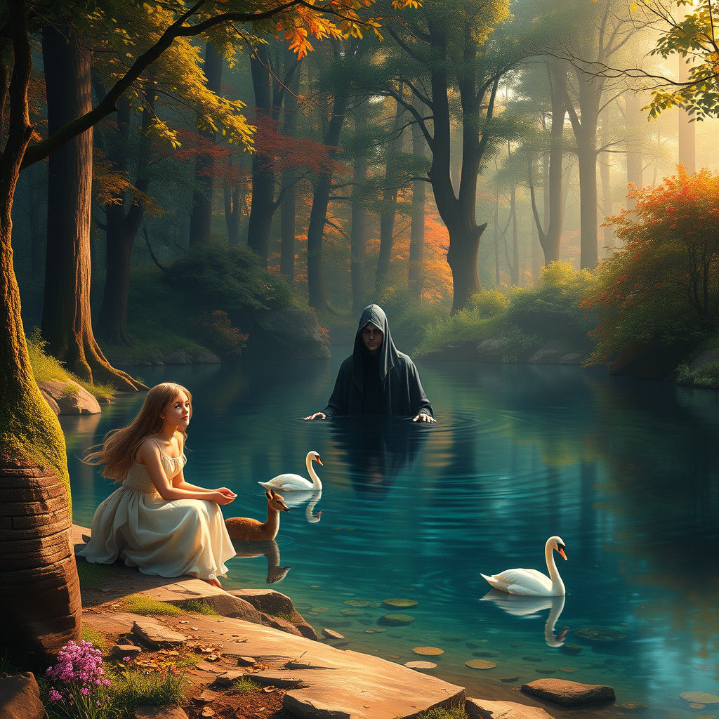 Hooded Figure Emerges from Mystical Forest Pond