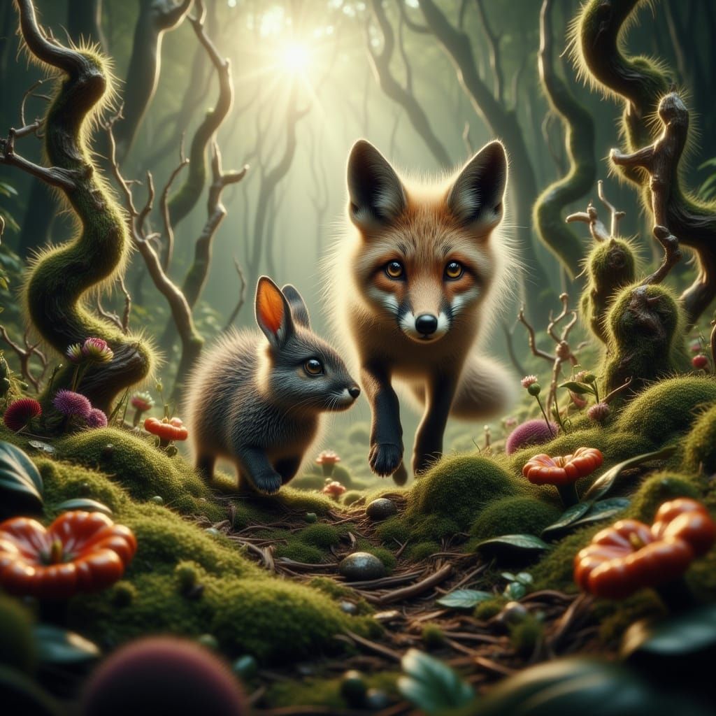 Photorealistic Fennec Fox Chases Rabbit in Lush Forest