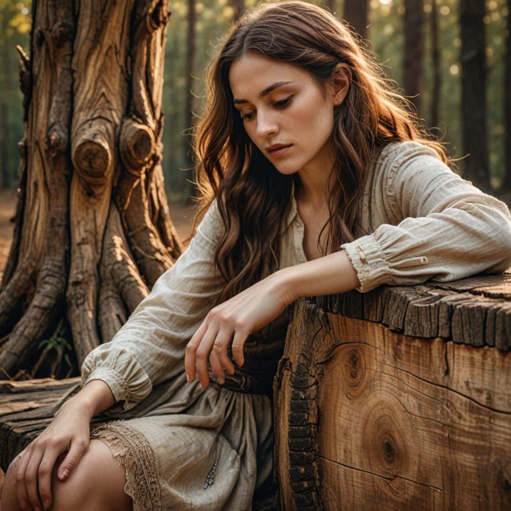 Woman in Golden Hour, Tracing Weathered Trunk in Soft Focus