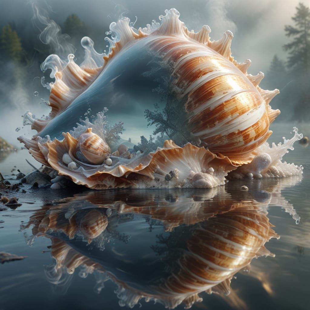 Realistic Digital Art of Nuatalus Shell in Misting Landscape