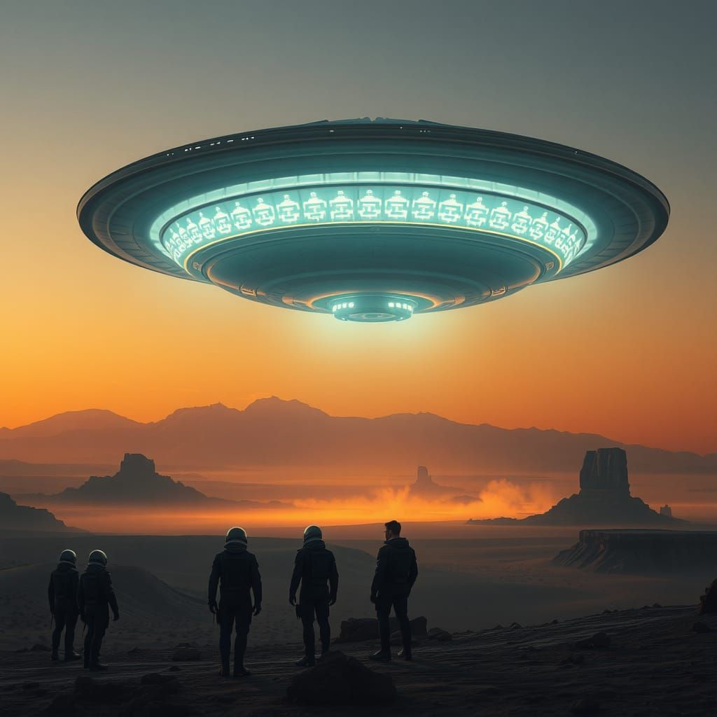 Shimmering UFO Hovers Over Desert Plateau
