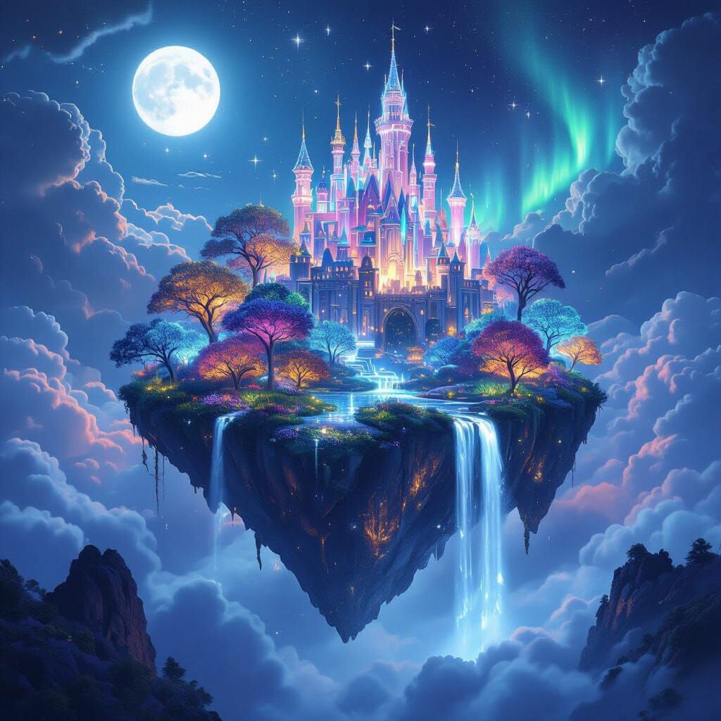 Bioluminescent Floating Island with Crystal Castle