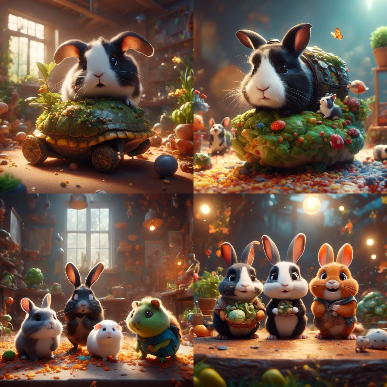 Rabbit, Guinea Pigs, Cat, and Turtle: 3D Render