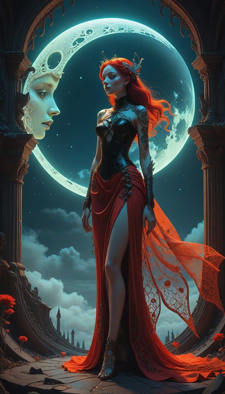 Ethereal Fairy on Moon in Surreal Mixed-Media Art