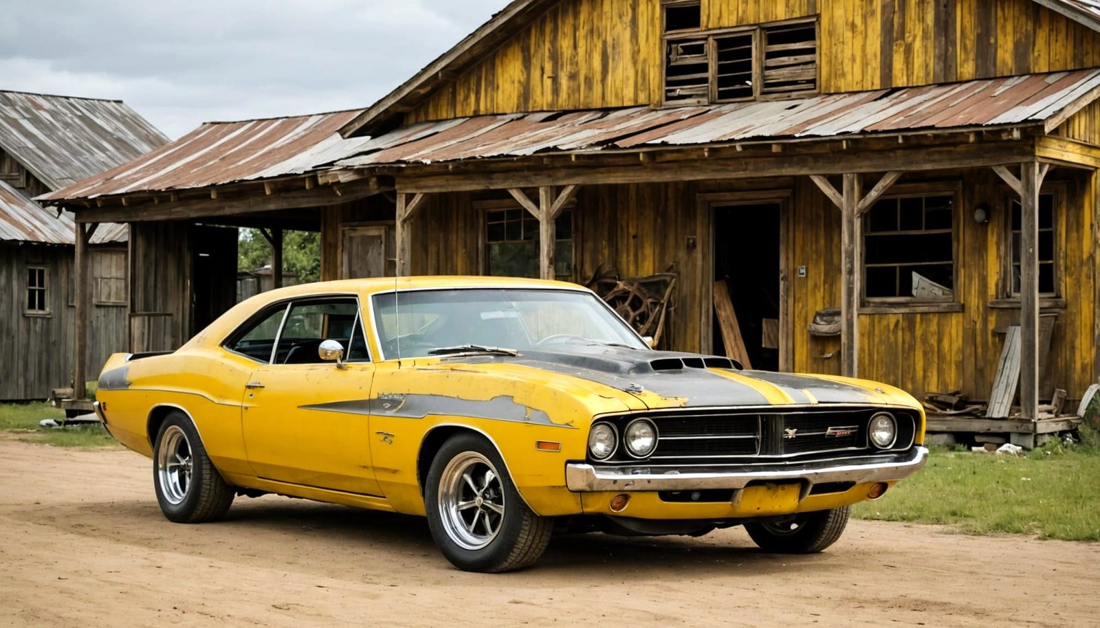 Vibrant Yellow Muscle Car in Cinematic Film Still