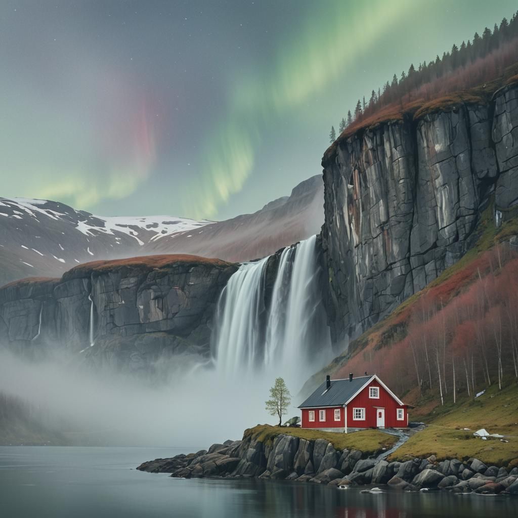 Nordic Cottage Under Aurora Borealis in Pastel Colors