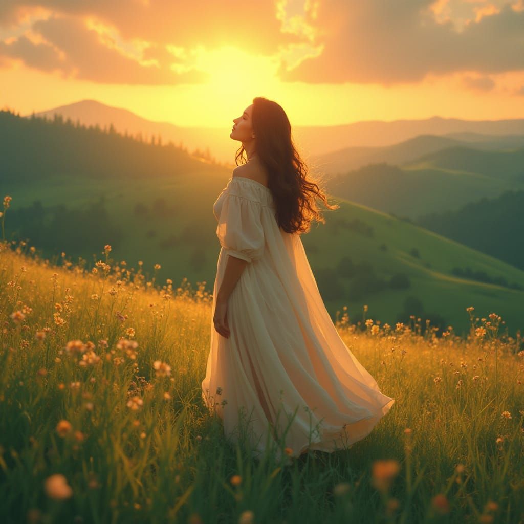 Serene Woman in Meadow at Dawn, Oil Painting