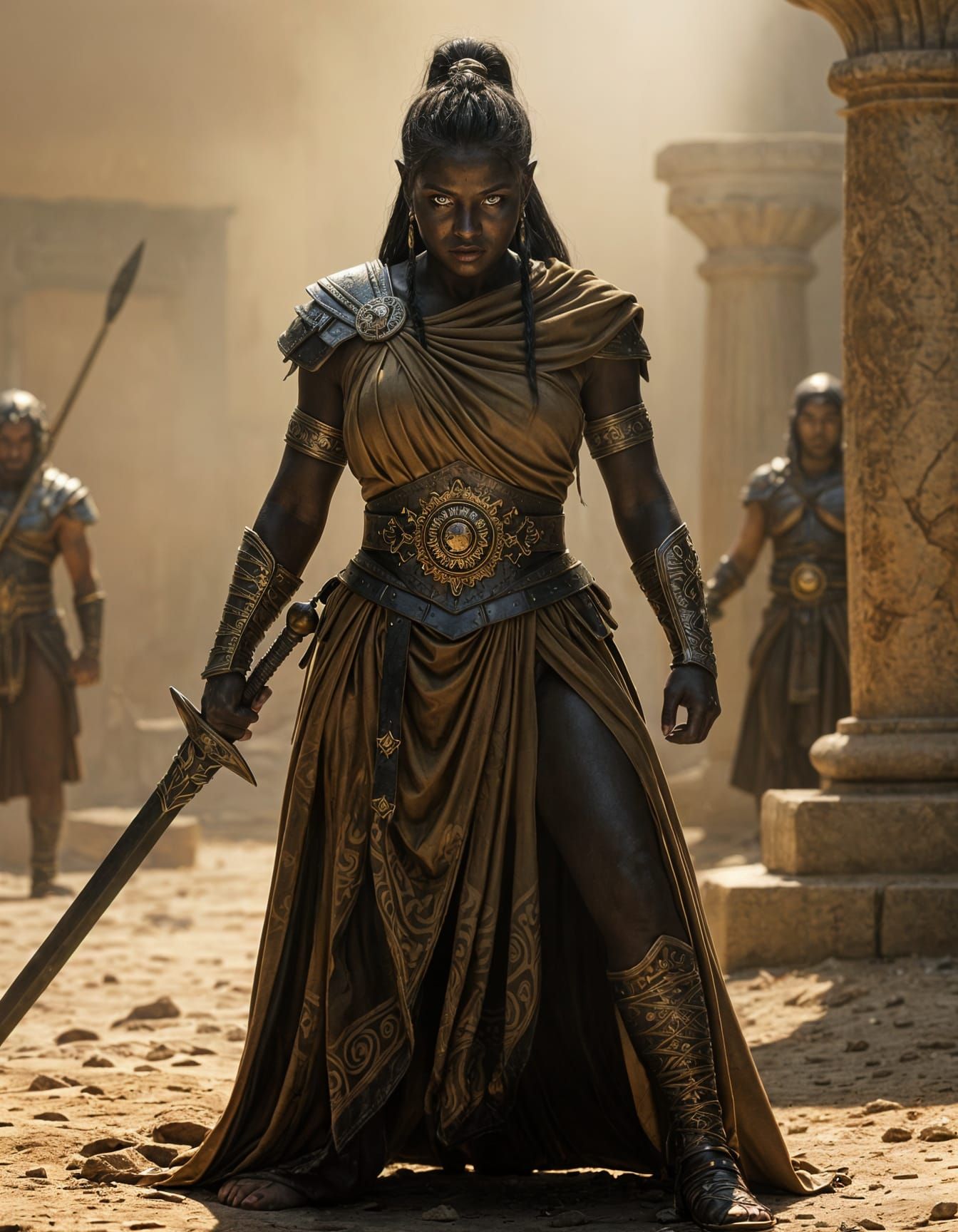 Intense Amazonian Gnome Warrior in Roman Toga