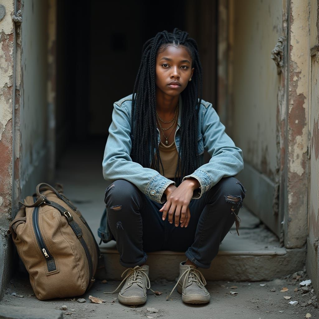 Gritty Realism: Woman on Stoop in Abandoned Tenement