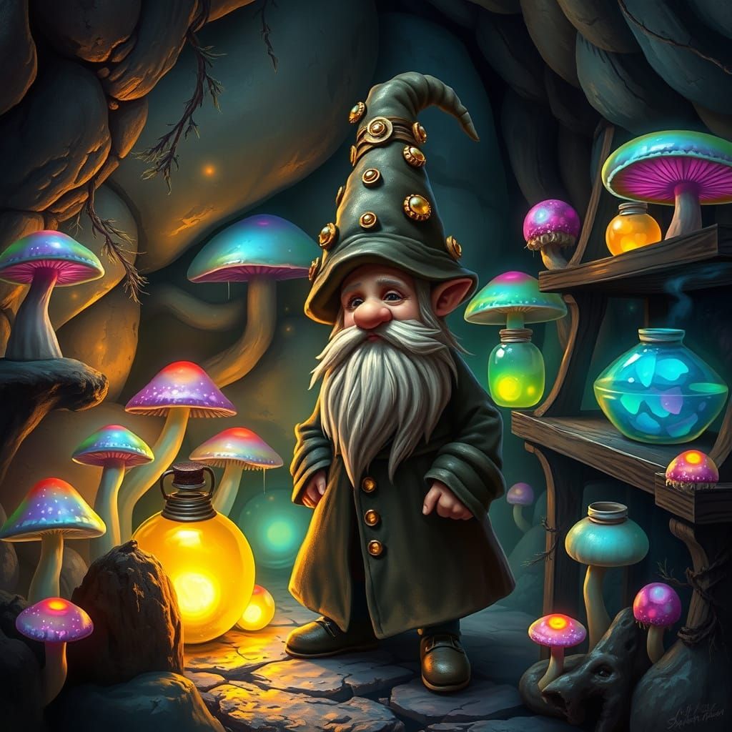 Glowing Gnome Alchemist in an Ethereal Cavern