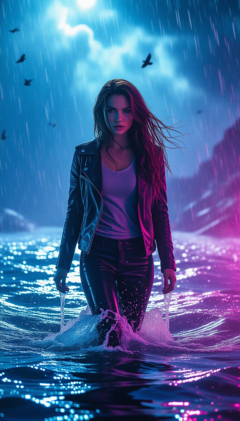 Defiant Woman in Neon River as Blockbuster Film