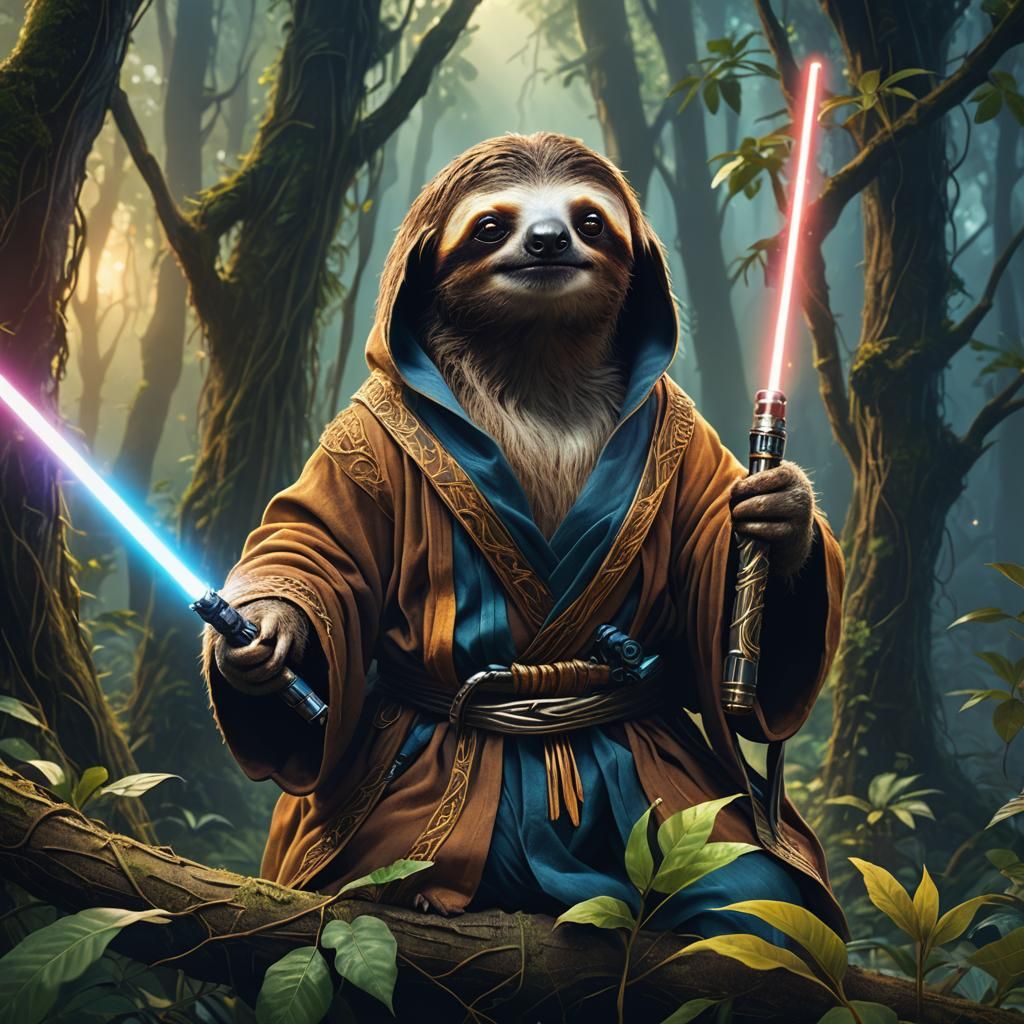 Sloth Jedi Knight in Mystical Forest
