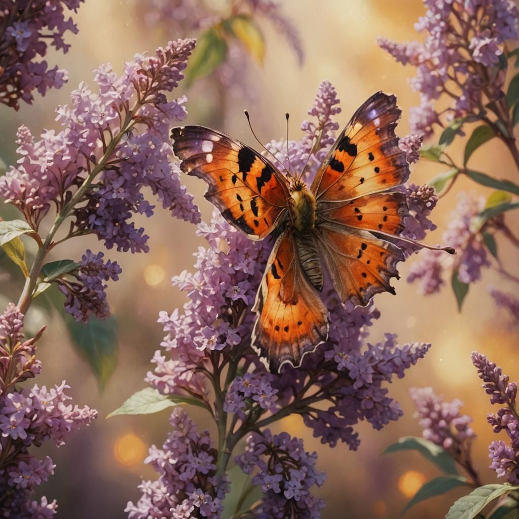 Comma Butterfly on Buddleia Flower, Photorealistic Art