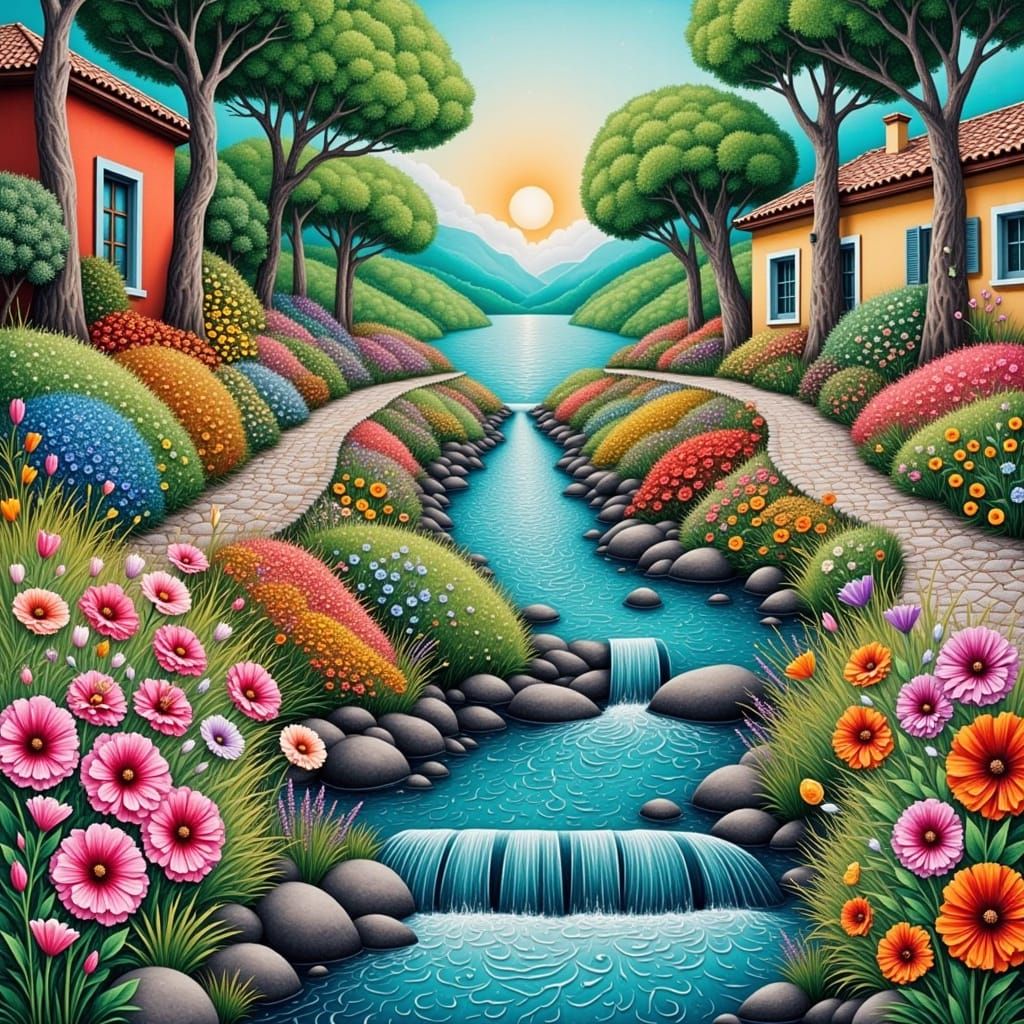 Abstract Italian Courtyard Masterpiece in Vibrant Colors