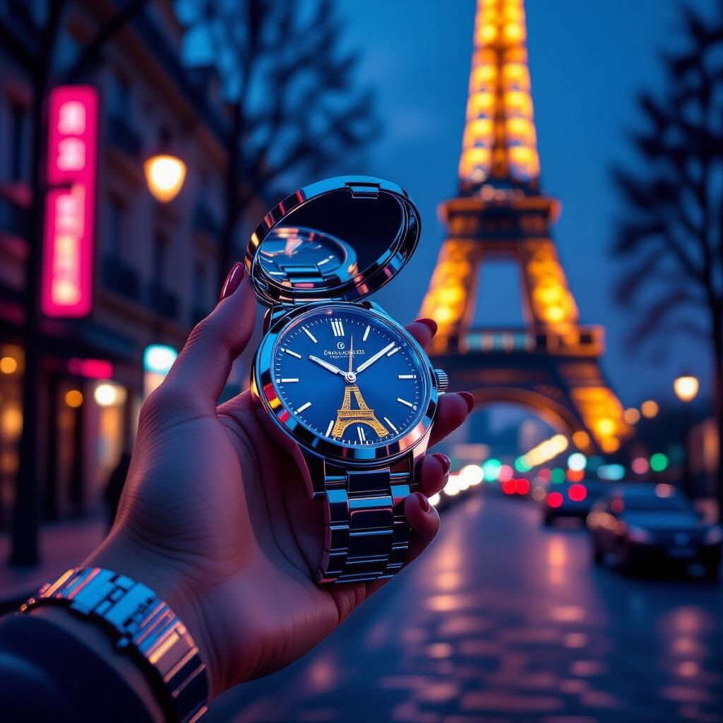 Eiffel Tower Reflected in Mirror Held by Hand with Watch