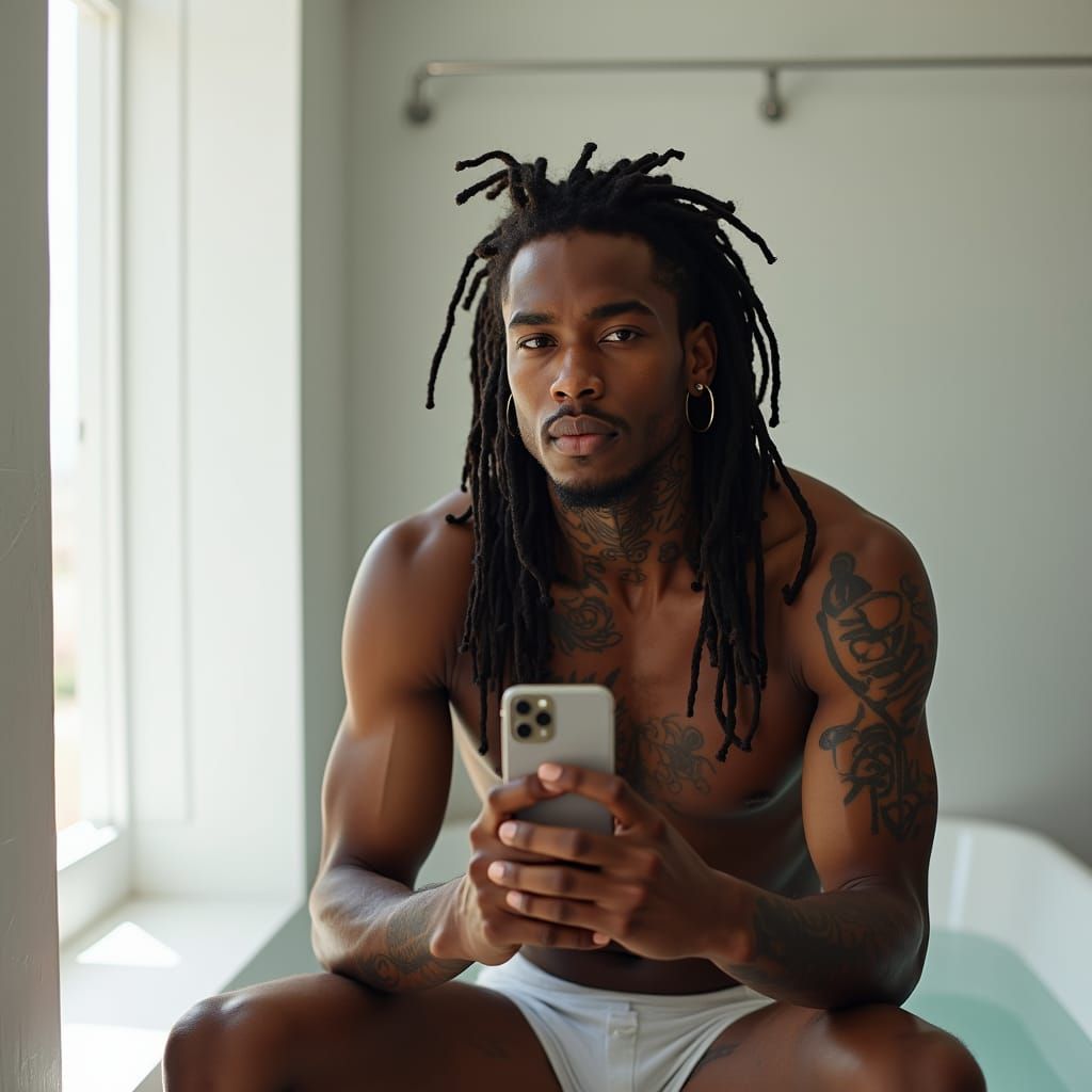 African American Model's Selfie in Modern Bathroom