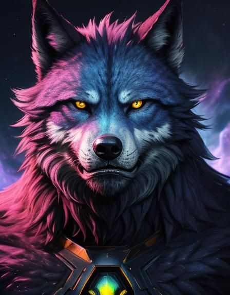 Hyperrealistic Wolfman Portrait with Nebula Background