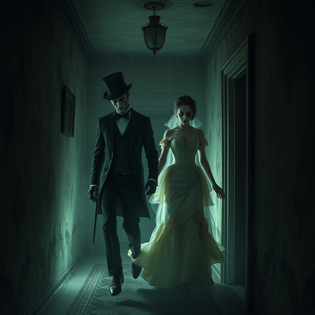Ghostly Edwardian Couple Floats Down Haunted Mansion Hallway