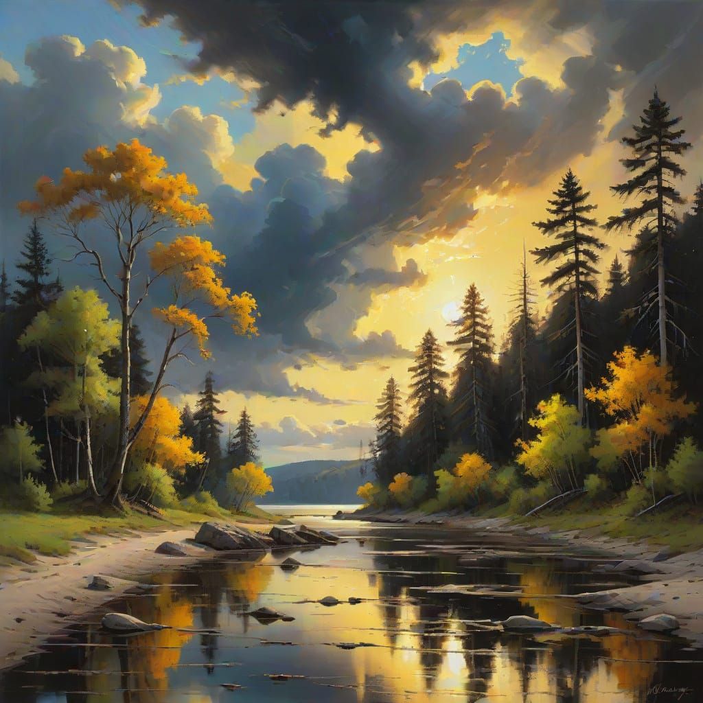 Wooded Shores Landscape in Oil Painting Style