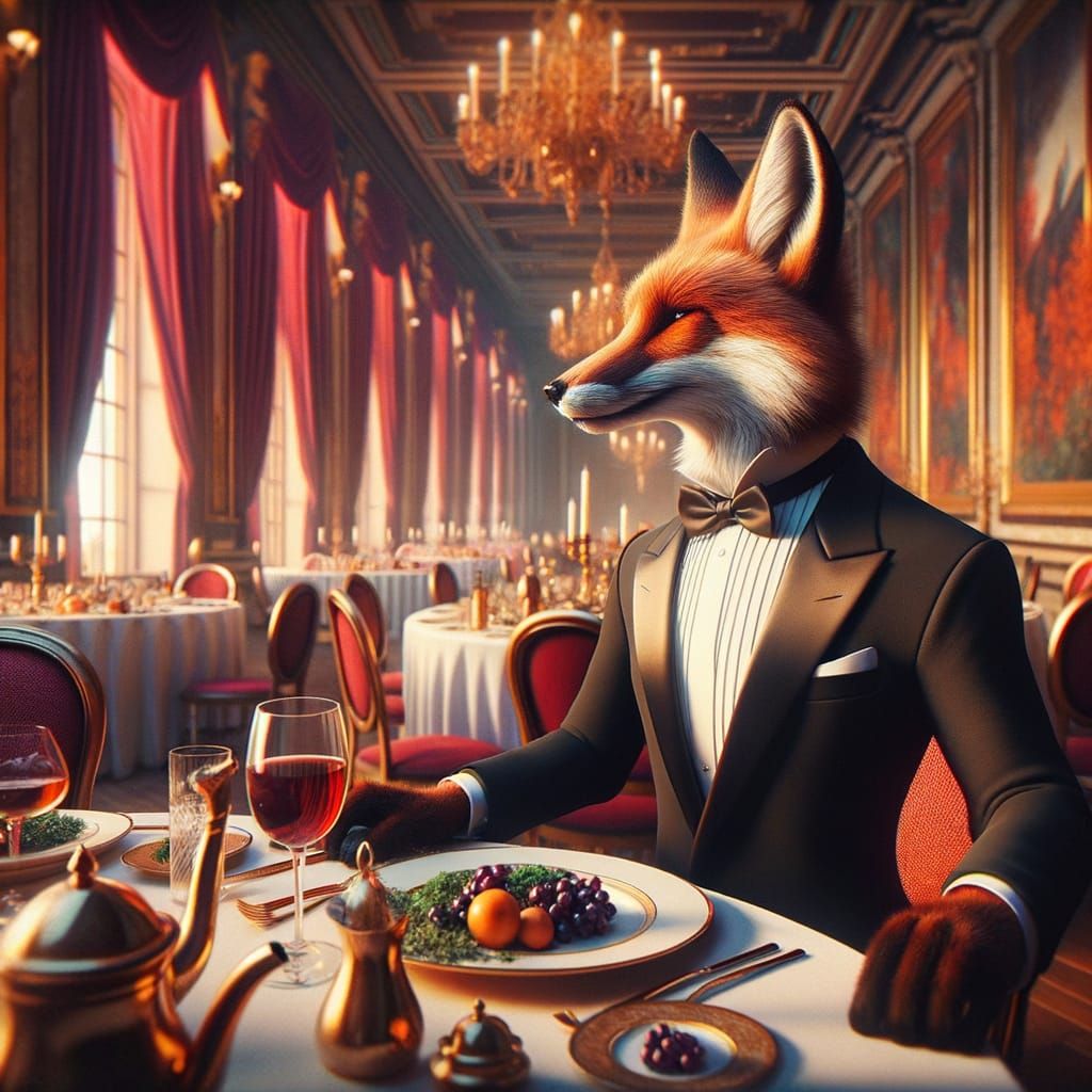Elegant Fox in Tuxedo at Fantasy Dinner Party
