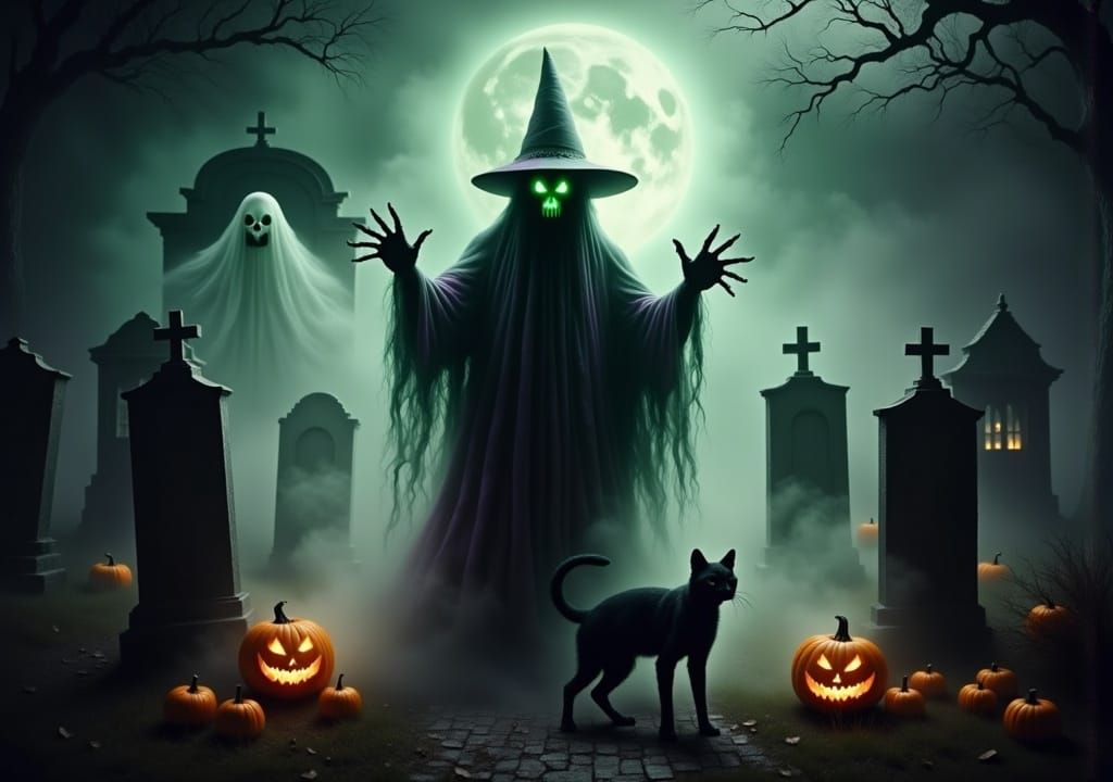 Halloween Witch Casting Spell in Cemetery with Ghosts