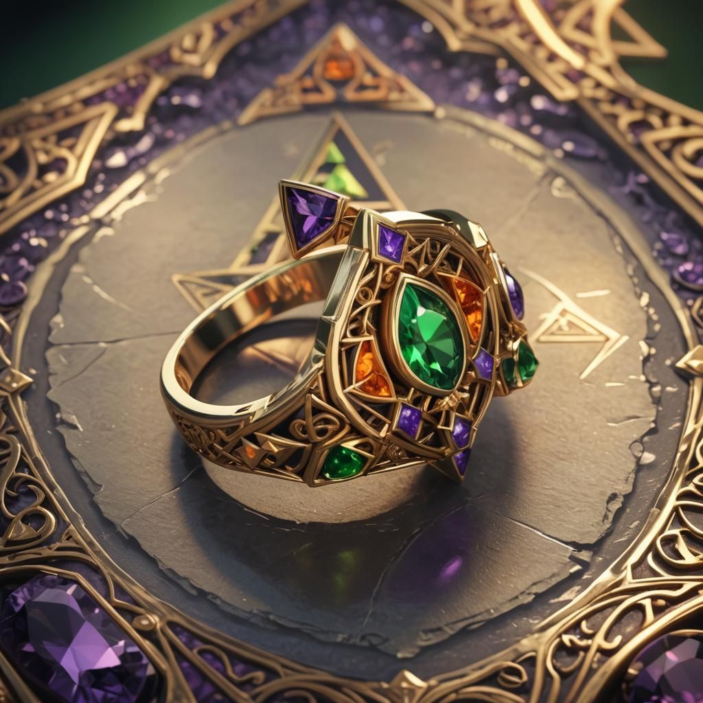 Triforce Gemstone Ring with Hylian Crest in Fantasy Art