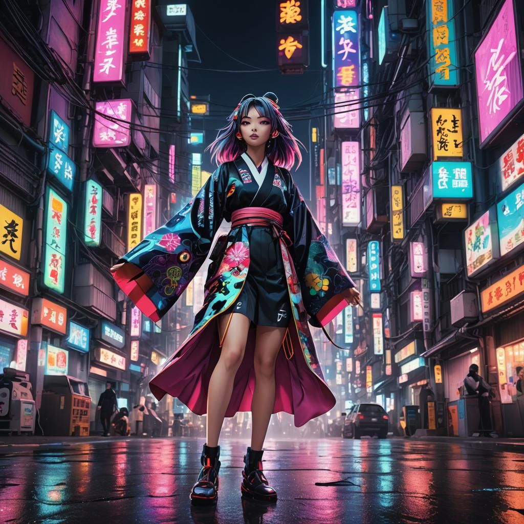 Cyberpunk Cityscape with Neon-Lit Anime Girl